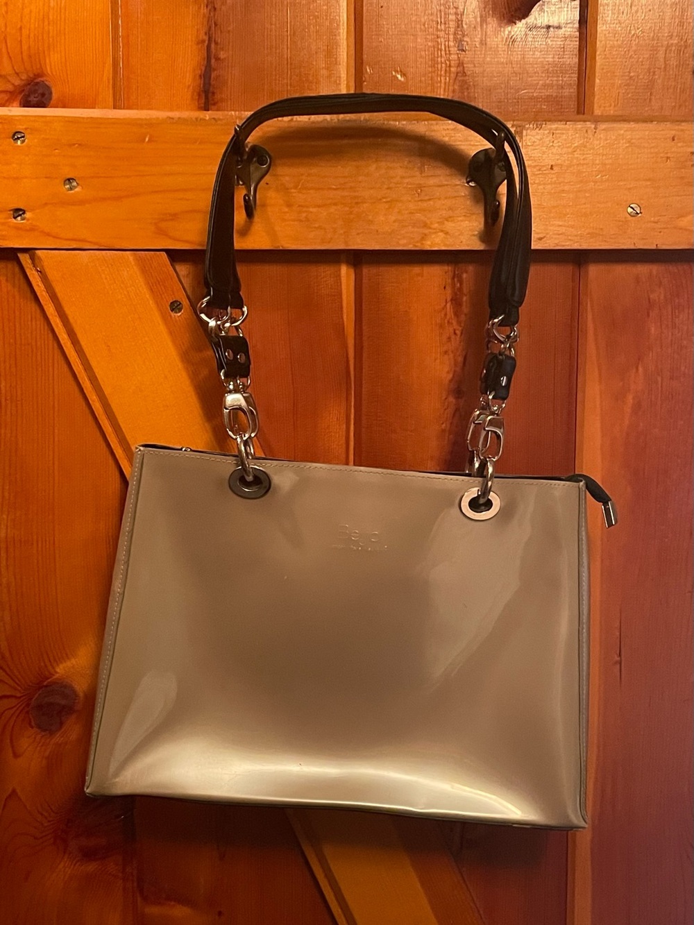 Beijo Glossy Metallic Silver Patent Leather Tote Shoulder Bag. Excellent Cond.